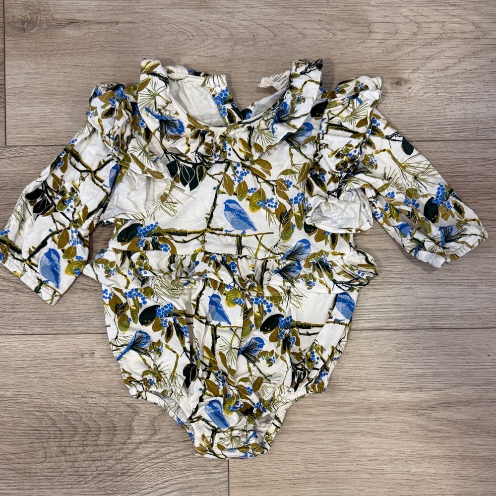 Kate Quinn Bamboo Baby Romper 3-6M Bird Floral Ruffle Bodysuit Boho Baby Outfit